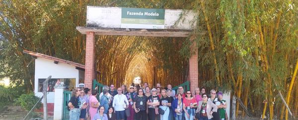 Grupo na entrada da Fazenda Modelo, sob o túnel de bambus, na caravana de julho de 2024.