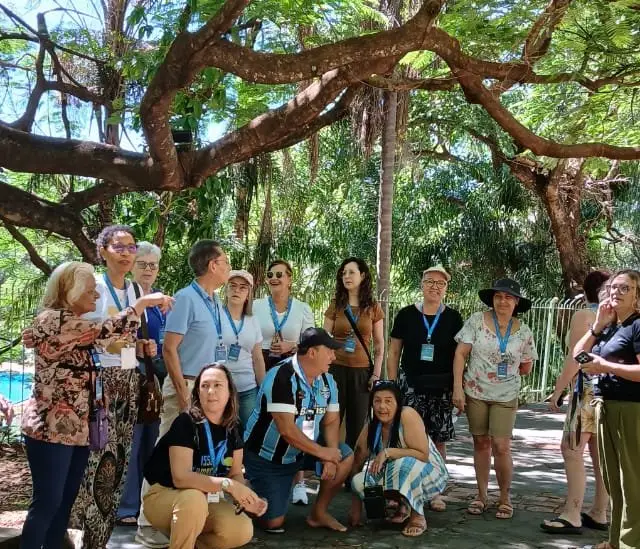 Grupo em sombra de árvore centenária, pessoas em círculo, paisagem verde ao fundo, composição nítida e balanceada