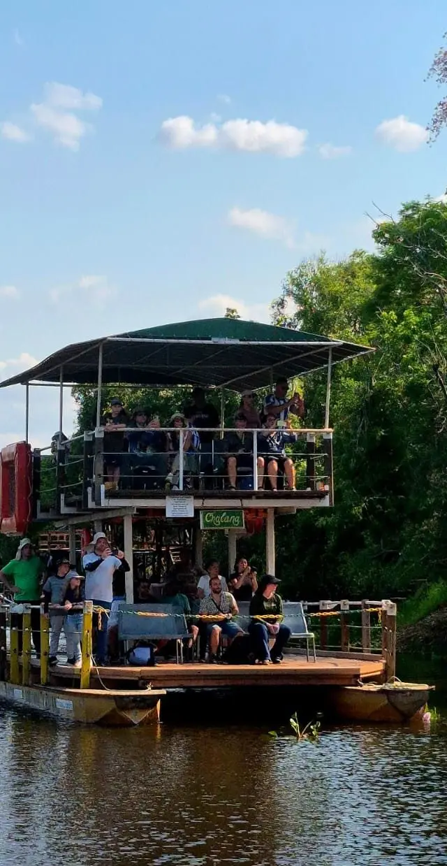 Chalana navega pelas aguas do Pantanal, na Caravana Pantanal de outubro de 2025.